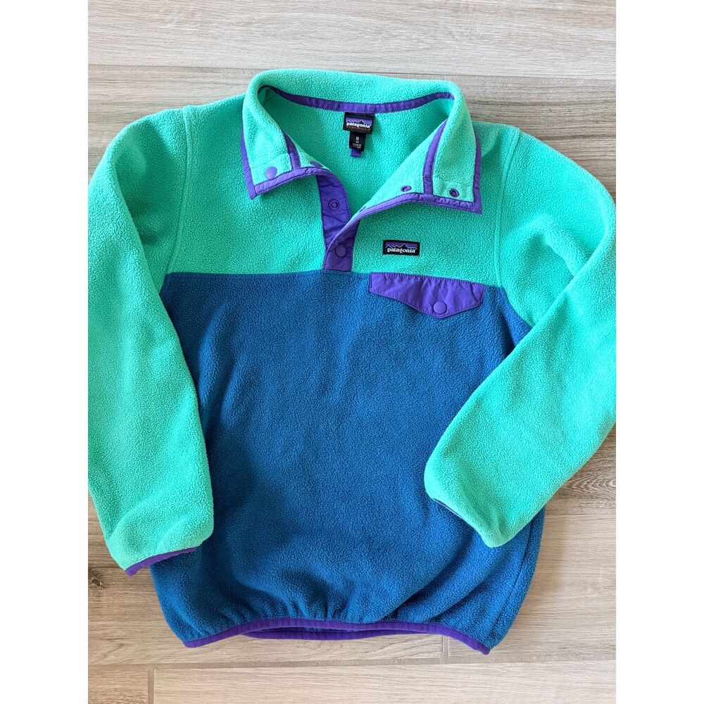 Patagonia Synchilla Snap-T Fleece Pullover Kids M 10 Teal blue Purple Colorblock